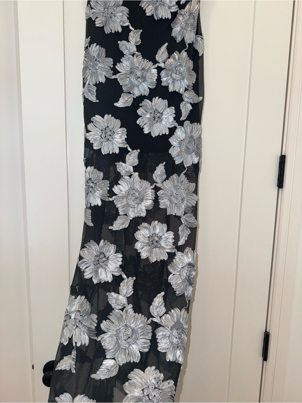 Black Strapless Evening Dress with Silver Floral Embroidery